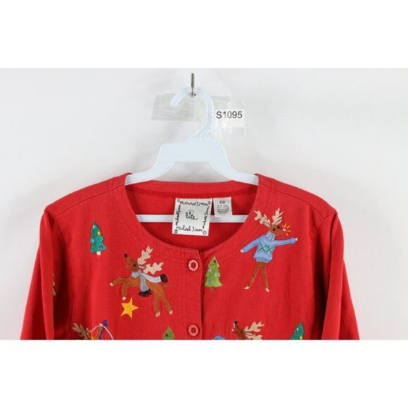 Vintage 90s Michael Simon Lite M Petite Christmas Reindeer Cardigan Sweater - Picture 2 of 9
